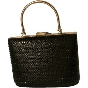 Black Satin Silk Evening Bag Clutch Acrylic Gold Metal Handle Hardware Purse